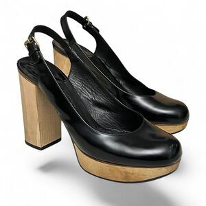 Chloe Black Leather Slingback Platform Pump Wood Block Heel Italy EU 37 US 7